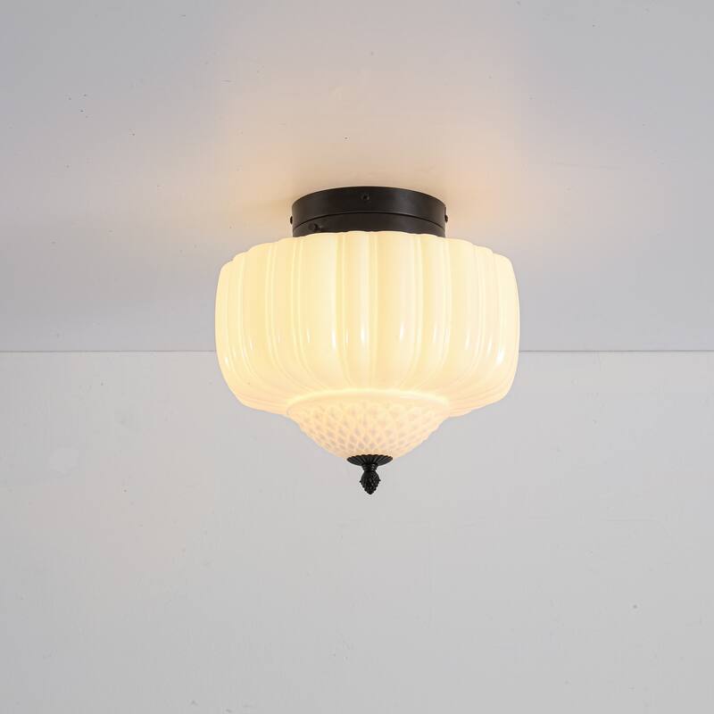 12.6" Modern Coastal Schoolhouse Semi-Flush Mount Ceiling Light with Milk Textured Glass for Bedroom, Kitchen, Entryways - Black/White - 12.6 in. W x 9.8 in. H x 12.6 in. D