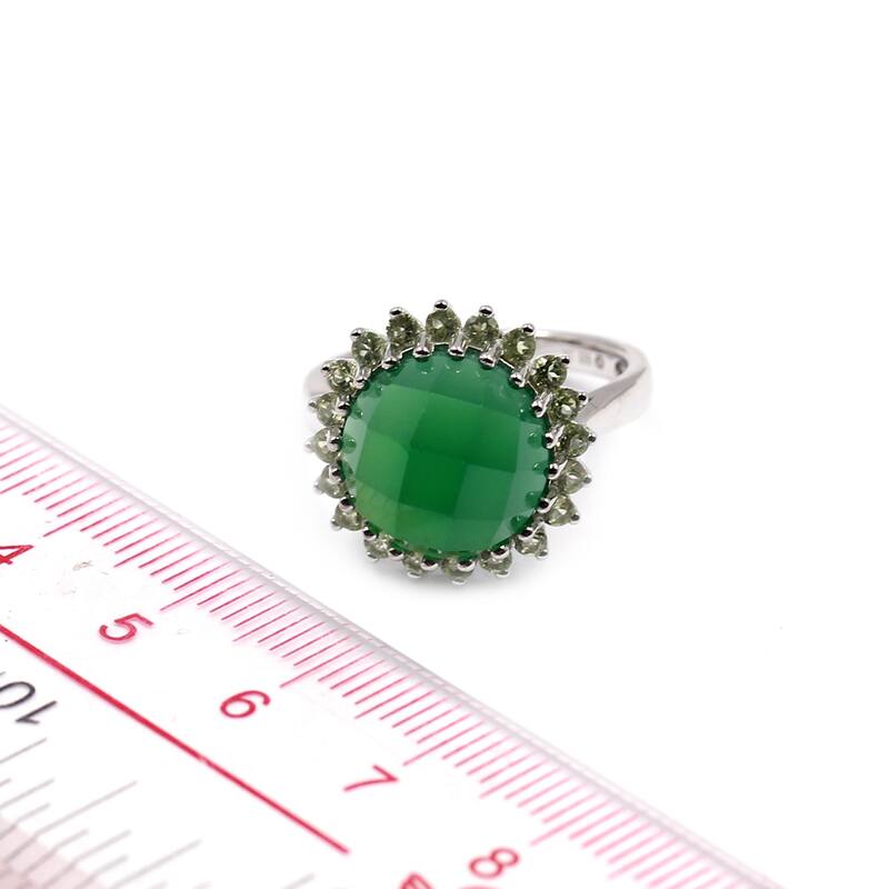 925 Sterling Silver Green Onyx, Peridot Halo Ring