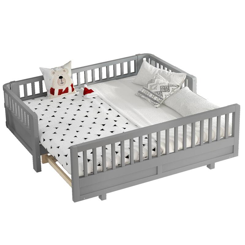 Wooden Platform Sofa Bed Frame with Guardrails, Solid Wood Pull Out Daybed, Can Be Converted into a Double Platform Bed