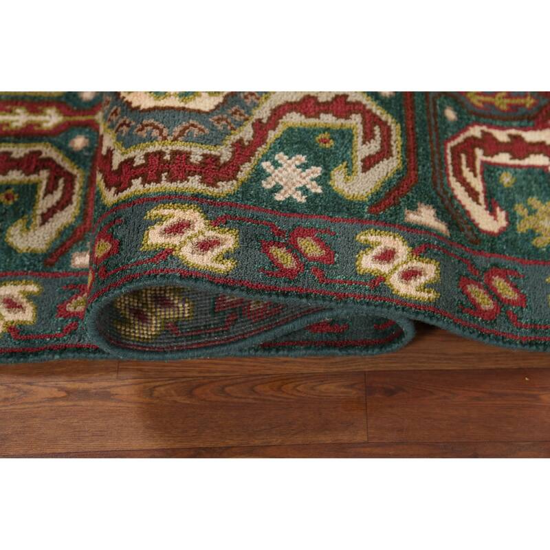 Green Geometric Kazak Indian Runner Rug Handmade Wool Carpet - 2'5"x 9'10"