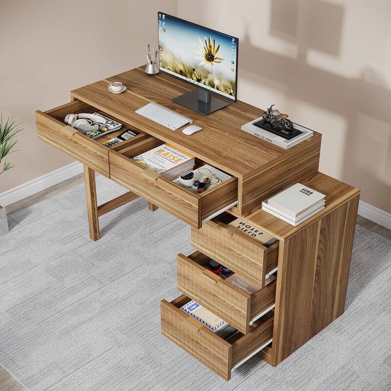 Reversible Computer Desk with 5 Drawers for Home Office