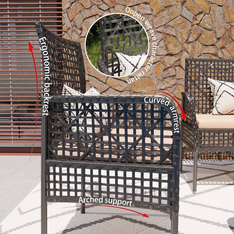 4 Pieces Outdoor Patio Furniture Set,PE Rattan Wicker Garden Conversation Chairs with Tempered Glass Table and Soft Cush