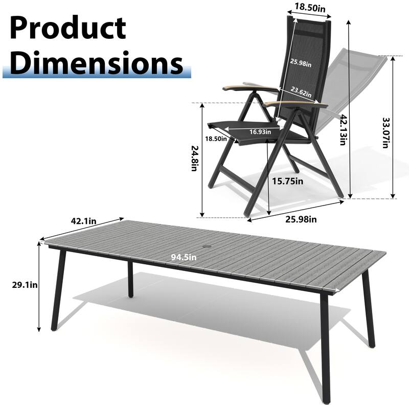 9-Piece Outdoor Patio Dining Set WPC Table Top Alumium Umbrella Hole Table with Folding Armrest Chairs