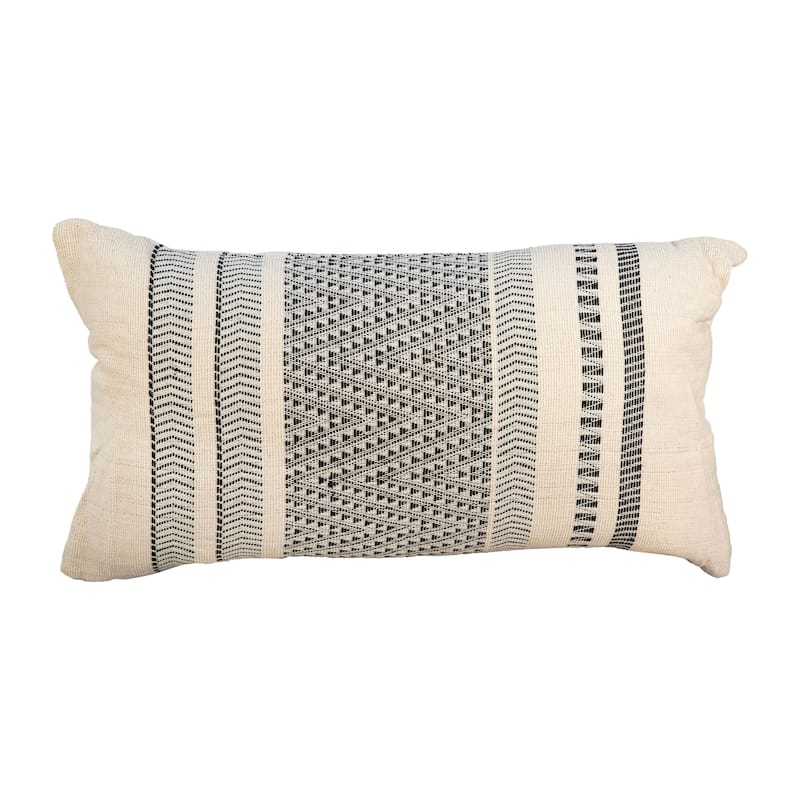Damien Handwoven Cotton Blend 14-inch x 24-inch Lumbar Pillow - Ivory with Black Stitching