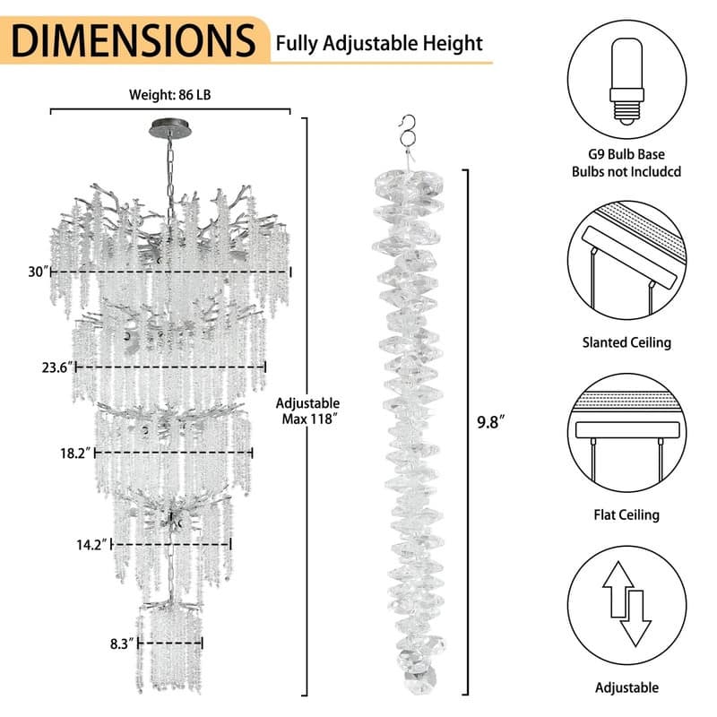 KAYLA 28-Lights Crystal Staircase Chandelier, Indoor Pendant Light, 118'' Modern High Ceiling Light, Height Adjustable - N/A