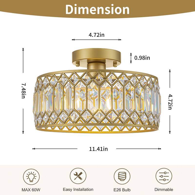 Starsky Luxury Crystal Drum Dimmable Semi Flush Mount Light