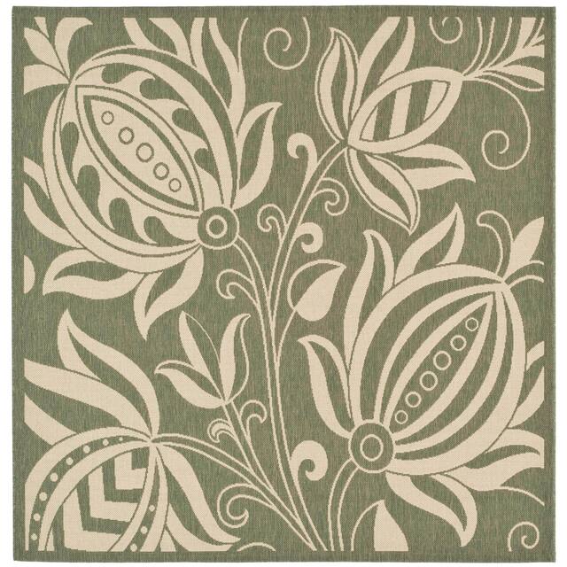SAFAVIEH Courtyard Leatrice Indoor/ Outdoor Patio Backyard Rug - 7'10" x 7'10" Square - Olive/Natural