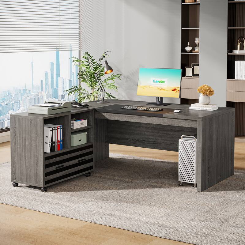 62.2" Executive Desk with Mobile File Cabinet, L-Shaped Office Desk for Home Office