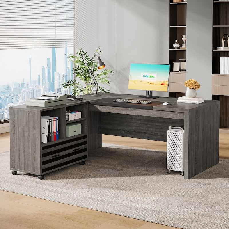 Large Executive Desk with Mobile File Cabinet, 62.2" L-Shaped Office Desk Business Workstation Set