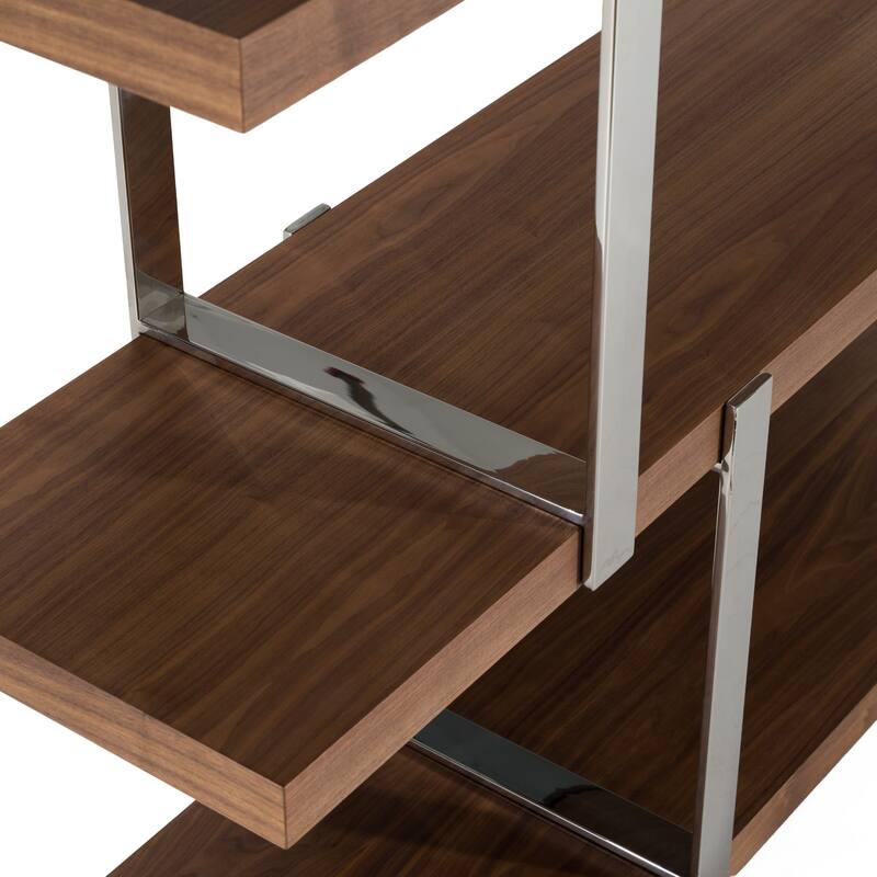 Modrest Brewer Modern Walnut Glass & Stainless Steel Bookshelf