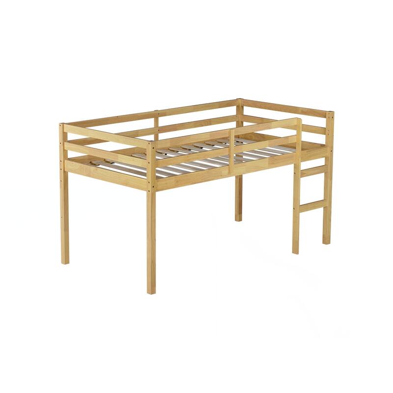 Solid Wooden, Rubber Wooden Twin Loft Bed with Ladder, Bed Platform of Strengthened Slats