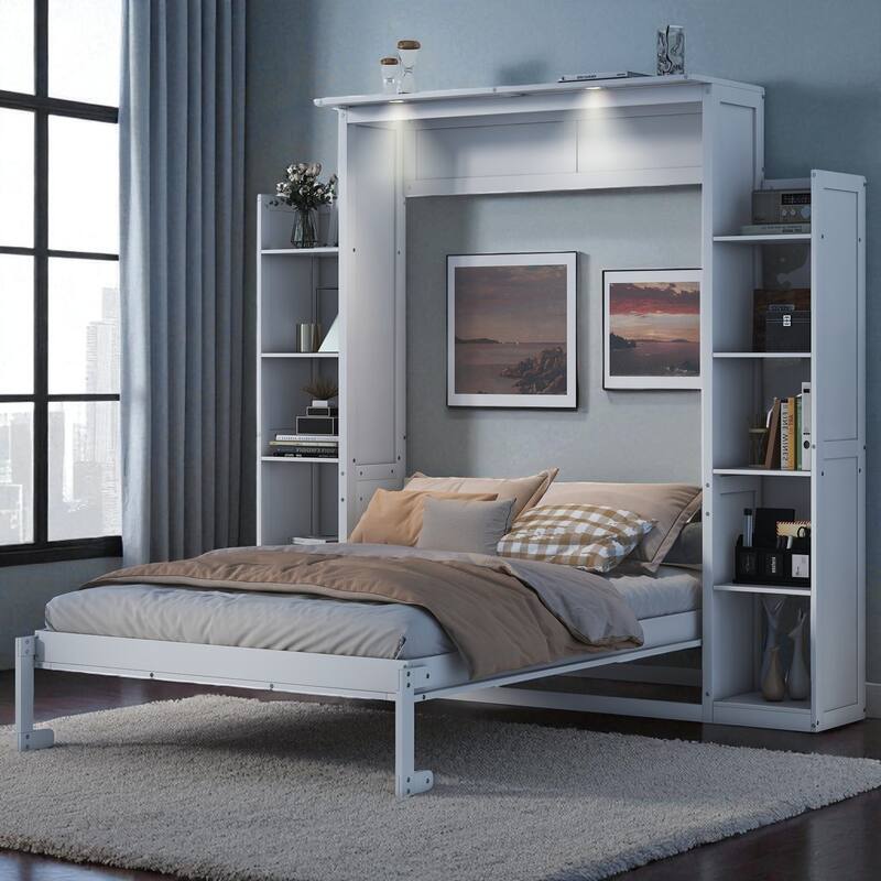 Full/Queen Murphy Wall Bed with Shelves & LED, Dual-Piston, 8 in Mattress, 600 lb Capacity, Space-Saving