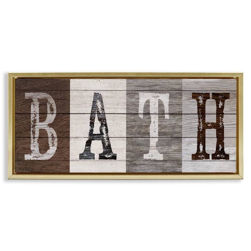 Stupell Rustic Bath Letters Framed Floater Canvas Wall Art Design By Susan Arnot - 25 x 11 - Gold