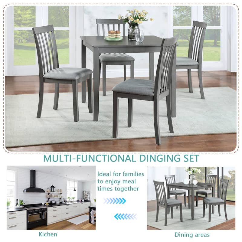 Farmhouse Dining Table Set for 4, Wooden Kitchen Table and Solid Wood Chairs, 5 Piece Dining Table Set w/4 Upholstered Chairs