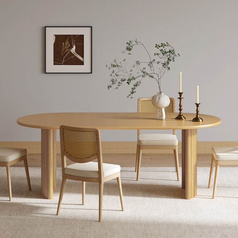 Oval Dining Table with Arc-Shaped Edge Top and Stripes Base Modern Farmhouse Kitchen Table for Living Room Dining Room - 67 in.L x 33.5 in.W - Natural