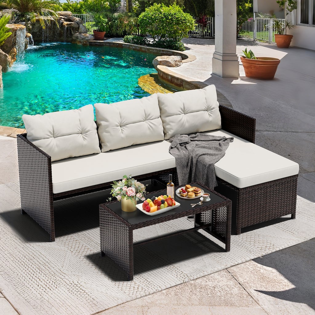 3-Piece Outdoor Wicker Sectional Sofa Set, Patio Furniture with Chaise Lounge & Coffee Table - N/A