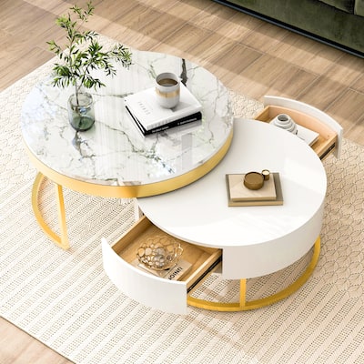 Modern Round Nesting Coffee Table with Drawers