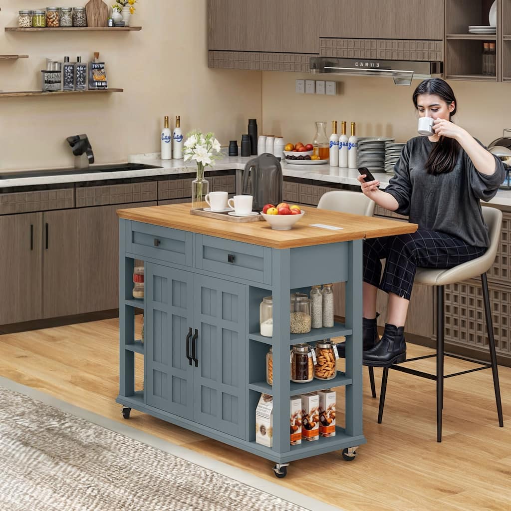 45" Rolling Kitchen Island with Storage & Drawers, Extendable Bar Table with Lockable Wheels