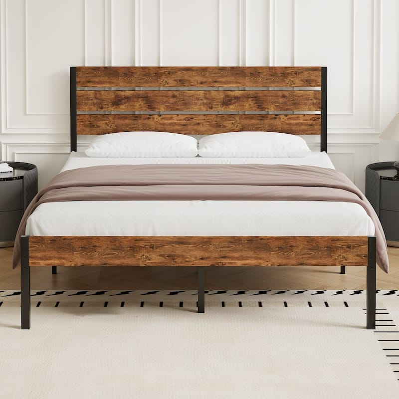 VECELO Industrial Wood Bed Frame with Headboard, Twin Size Beds/Full Size Beds/Queen Size Beds - Rustic Brown - Full