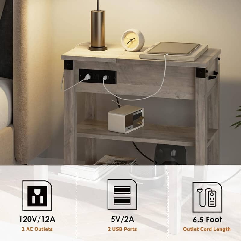 End Table with USB Ports and Outlets, Flip Top Side Table Narrow - Grey
