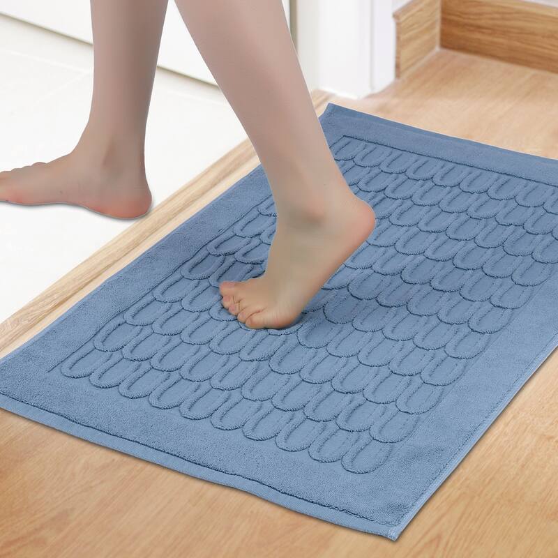 Lightweight Textured Cotton Bath Mat Hotel Reversible Water Absorbent Rug Thick Foldable Shower Foot Carpet - Blue - 16" x 24"