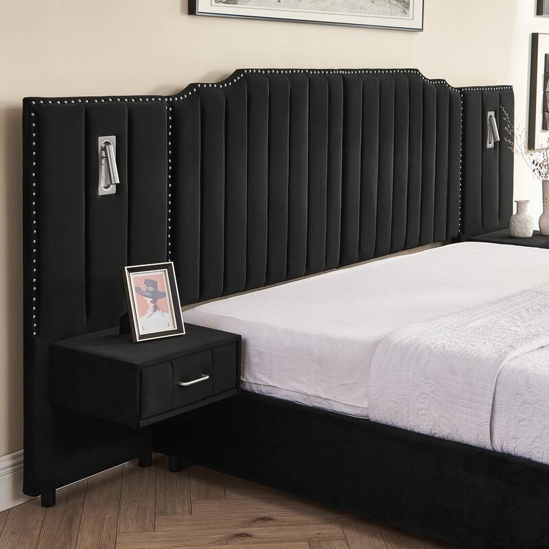 King Size Upholstered Bed Frame with Velvet Fabric