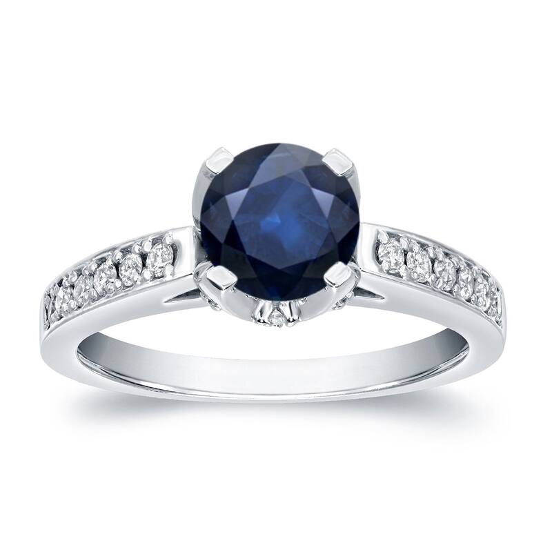 14K Gold 1ct Blue Sapphire and 1/3ctw Diamond Engagement Ring by Auriya - White - 8.5