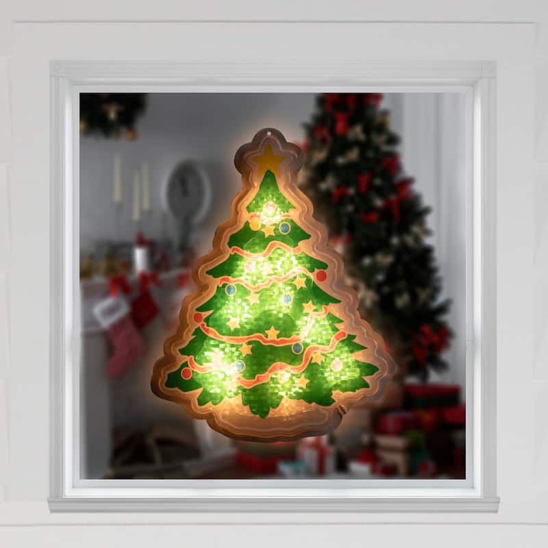 Lighted Holographic Christmas Tree Window Silhouette - 12.5" - Clear Lights