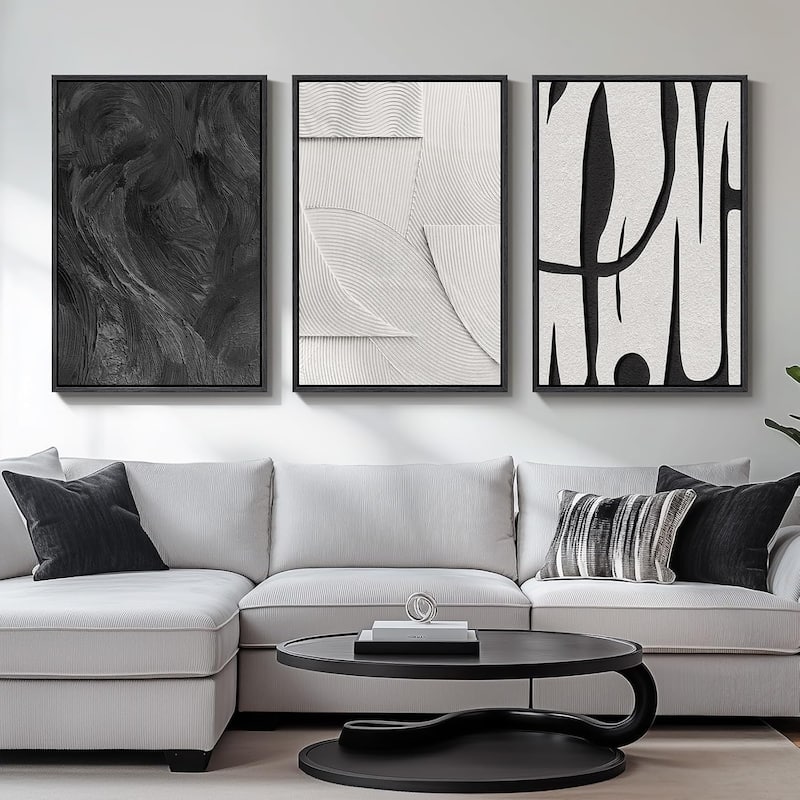 Large 3D Textured Framed Black and White Abstract Wall Art