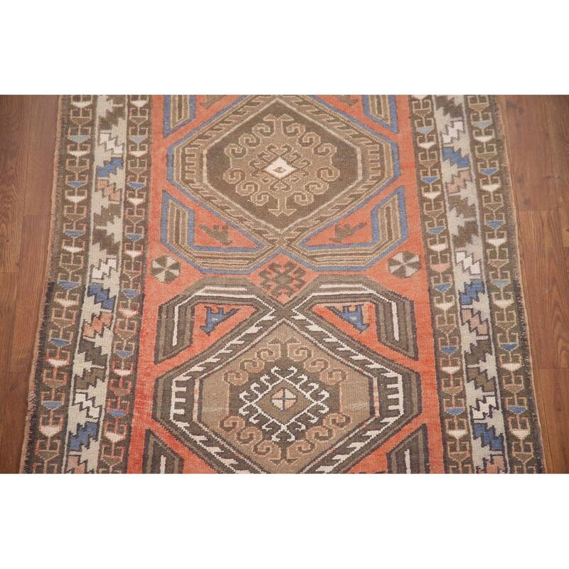 Hand Knotted Oriental 100% Wool Carpet Traditional Tribal Coral Hamedan Runner Rug - 13' 2'' X 3' 5''