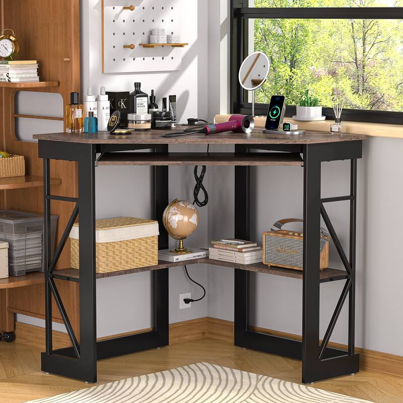 Corner Desk Small Desk with Outlets Corner Table for Small Space, Computer Desk with USB Ports Triangle Desk with Storage - Brown
