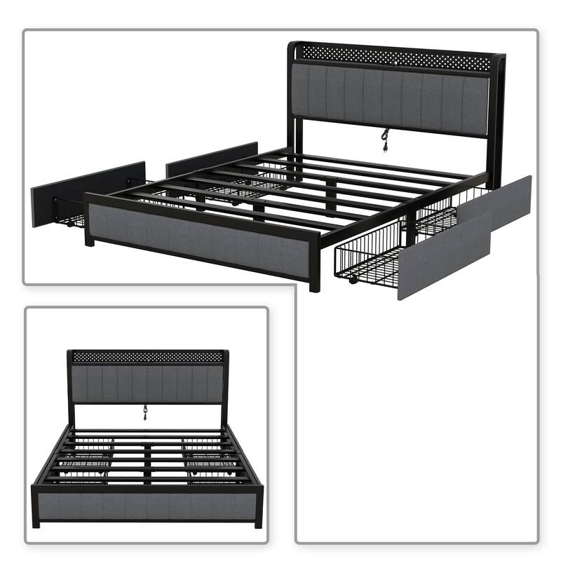 Contemporary Multifunctional Queen Size Linen Fabric Upholstered Platform Bed