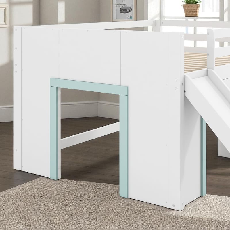 Full Size Low Loft Bed with Slide, 3 Storage Drawers, 2 Doors, Solid Wood Frame, White Loft Bed for Kids