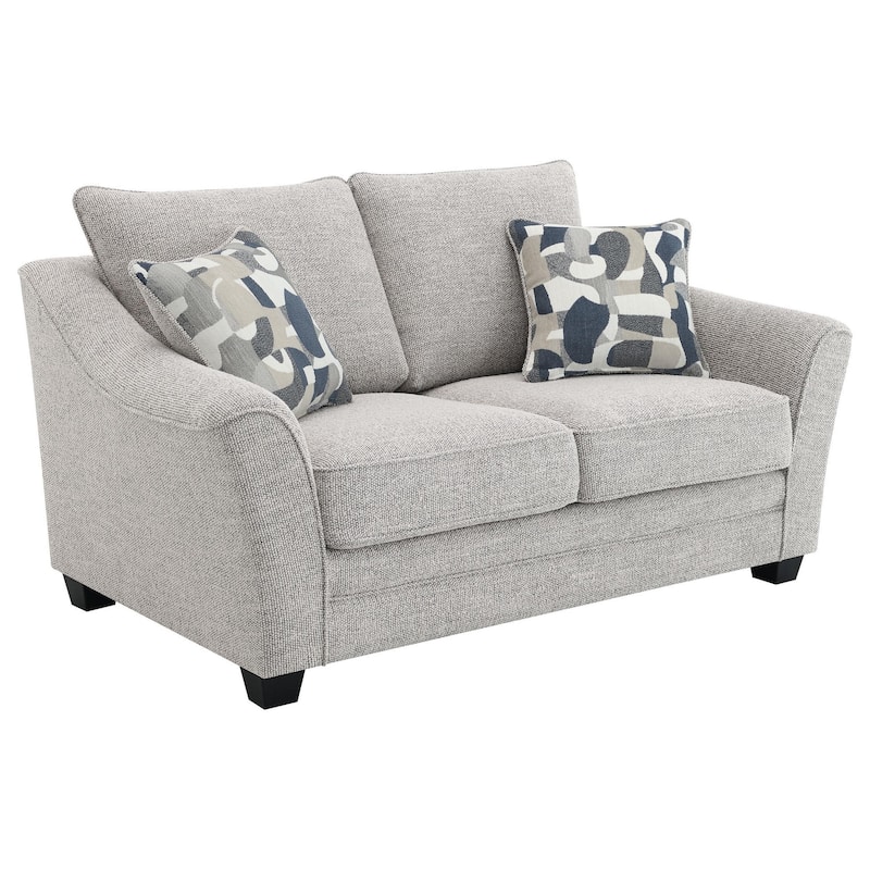 Kito Loveseat, 61 Inch Modern Light Gray Fabric, 2 Accent Pillows