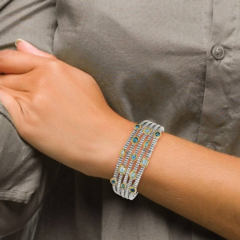 Curata 925 Sterling Silver Bezel Polished With 14k Blue Topaz Cuff Stackable Bangle Bracelet