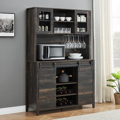 70" Farmhouse Coffee Bar Wine Cabinet with Sliding Barn Doors and Storage, Tall Kitchen Hutch - 47.2x15.7x69.6in