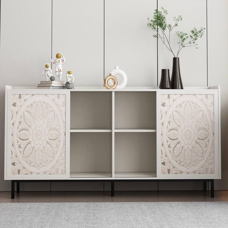 Mid Century Modern 58.6" White Curio Buffet Cabinet Media TV Stand for Stylish Living Room Storage