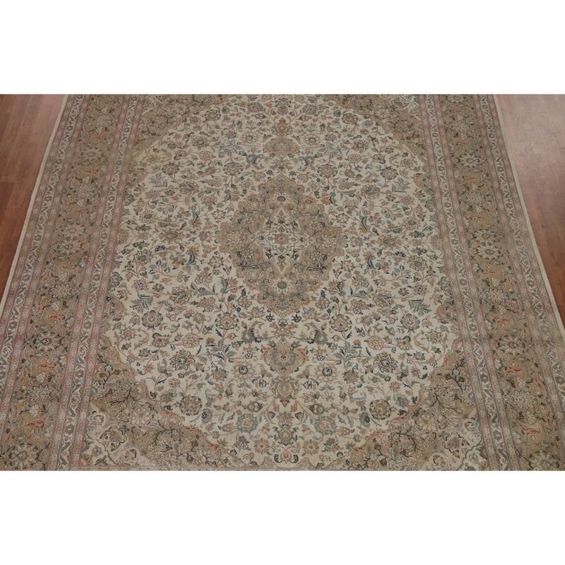 Hand Knotted Oriental 100% Wool Carpet Traditional Floral Beige & Ivories Kashan Area Rug - 12' 8'' X 9' 10''