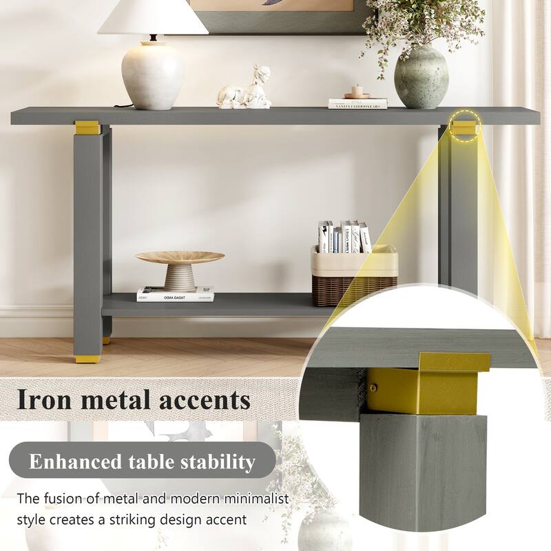 Modern Minimalist Console Table Sofa Table with Open Shelves and Geometric Metal Trim, for Living Room, Hallway, Gray