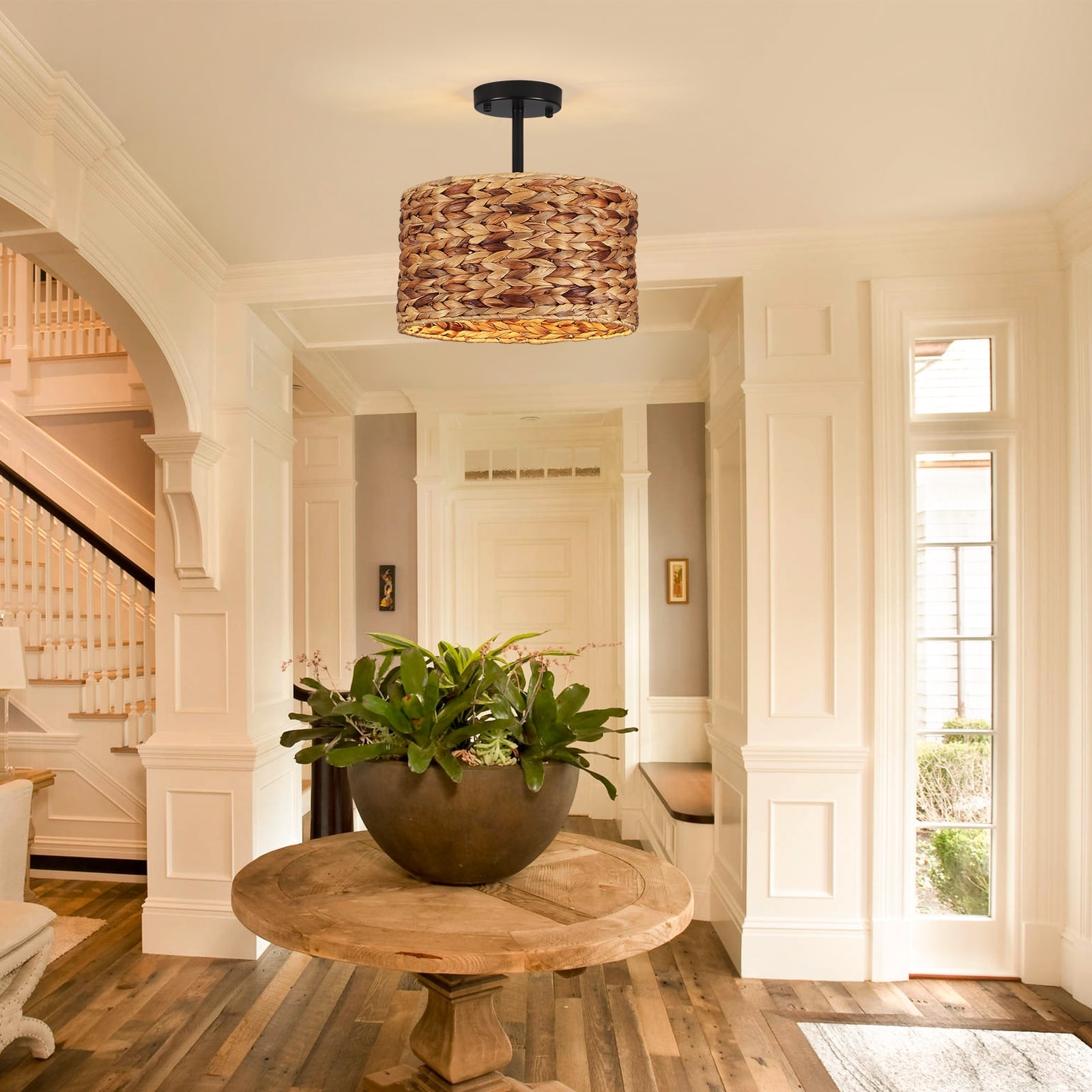 1-Light Rattan Semi Flush Mount Ceiling Lights Fixture, Farmhouse Drum Ceiling Light for Hallway Bedroom Kitchen