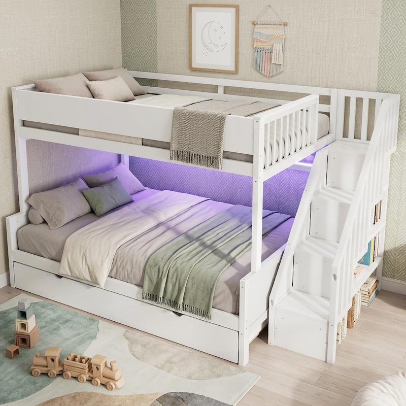 Full XL Over Queen Bunk Bed with Staircase Storage, Underbed Trundle, Open Shelf & LED Light by Harper&Bright Designs - White