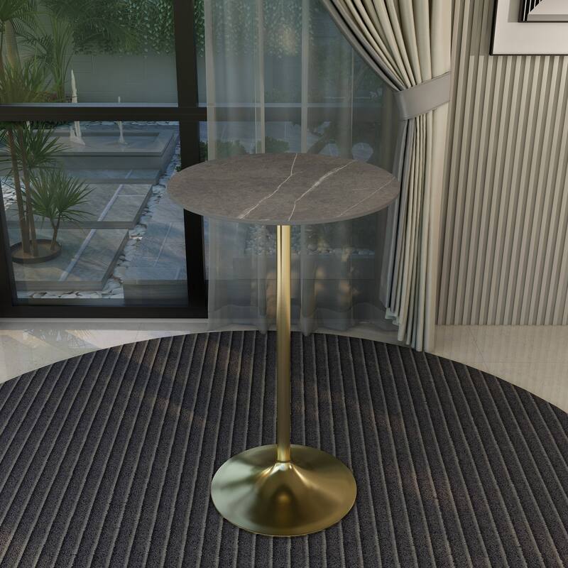 LeisureMod Verve 27" Bar Dining Table with Sintered Stone Round Top in Gold Steel, Gold Marbleized