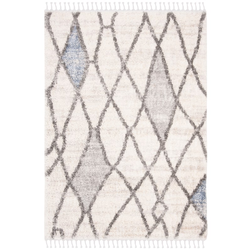 SAFAVIEH Berber Fringe Shag Mena Trellis Rug - Cream/Blue - 5' 3" x 7' 6"