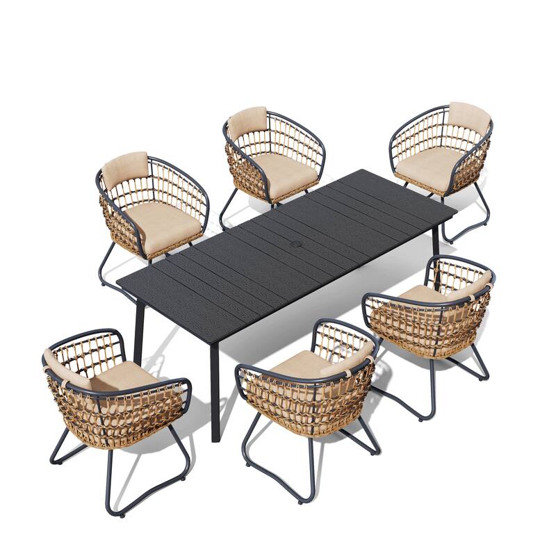 7PC Outdoor Patio Dining Set With Umbrella Hole Table Rattan Chairs