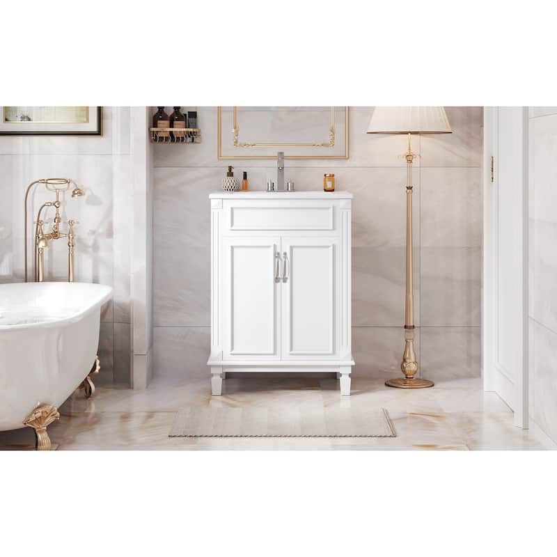 Bathroom Vanity with Sink, Solid Wood Bathroom Storage Cabinet, Bathroom Cabinet with 2 Soft-Closing Doors & Adjustable Shelf