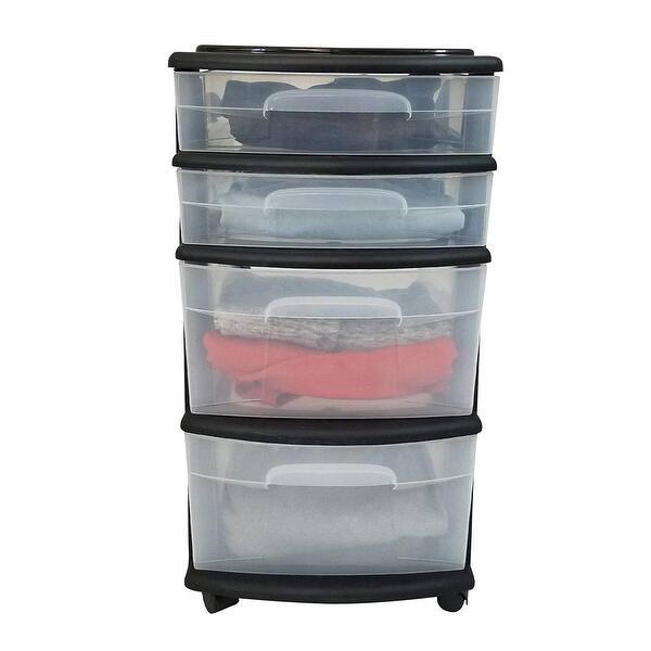 Homz Plastic 4 Drawer Medium Storage Tower, Clear Drawers & Black Frame