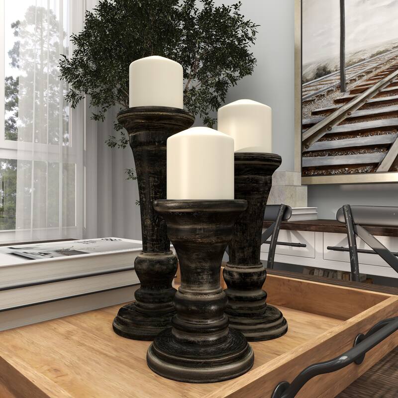 Black Mango Wood Traditional Candle Holder (Set of 3) - S/3 10", 8", 6"H