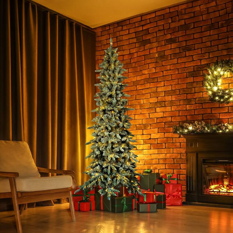 Fraser Hill Farm 7.5-Ft. Slim Mountain Pine Flocked Christmas Tree with Warm White LED Lights
