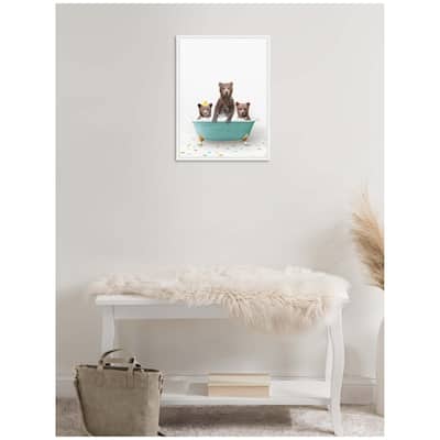Kate and Laurel Sylvie Three Bear Cubs in Teal Bathtub on Colored Tile Framed Canvas by Amy Peterson