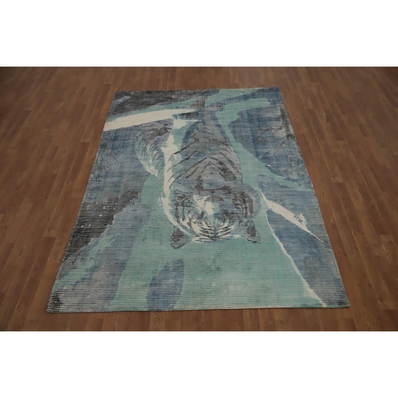 Hand Knotted Oriental Viscose Silk Carpet Modern Animal Pictorial Green Abstract Area Rug - 7' 8'' X 5' 5''